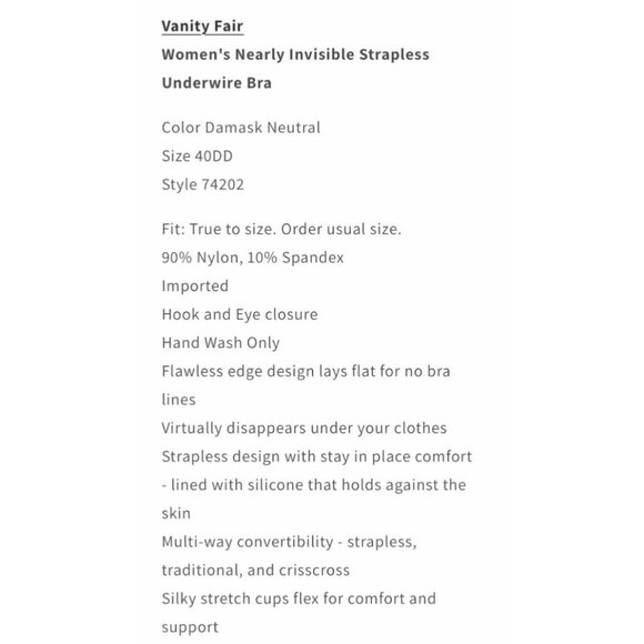 Vanity Fair Size 36DD Buff Nearly Invisible Strapless‎ Underwire Bra #74202 - Picture 6 of 10